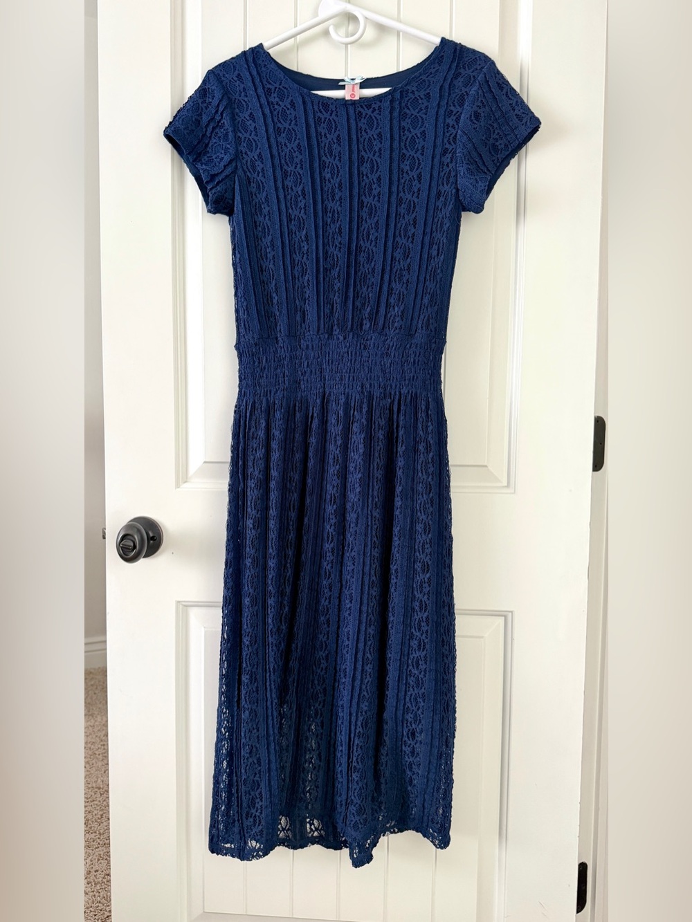 DownEast Basics Navy Blue Lace Midi Smocked Dress (Size M)